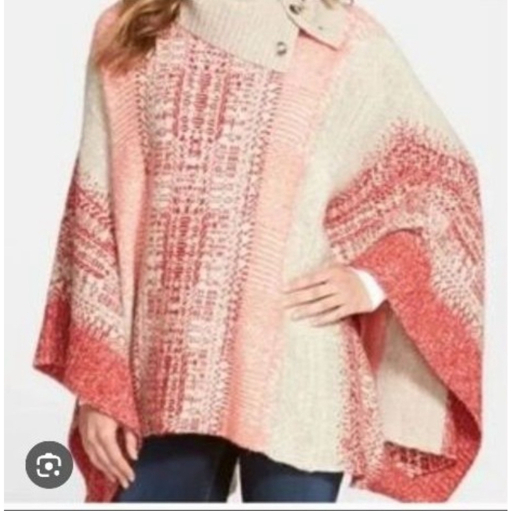 Women's Nordstrom Caslon Red & Beige Fair Isle Oversized Poncho Sweater M/L cozy